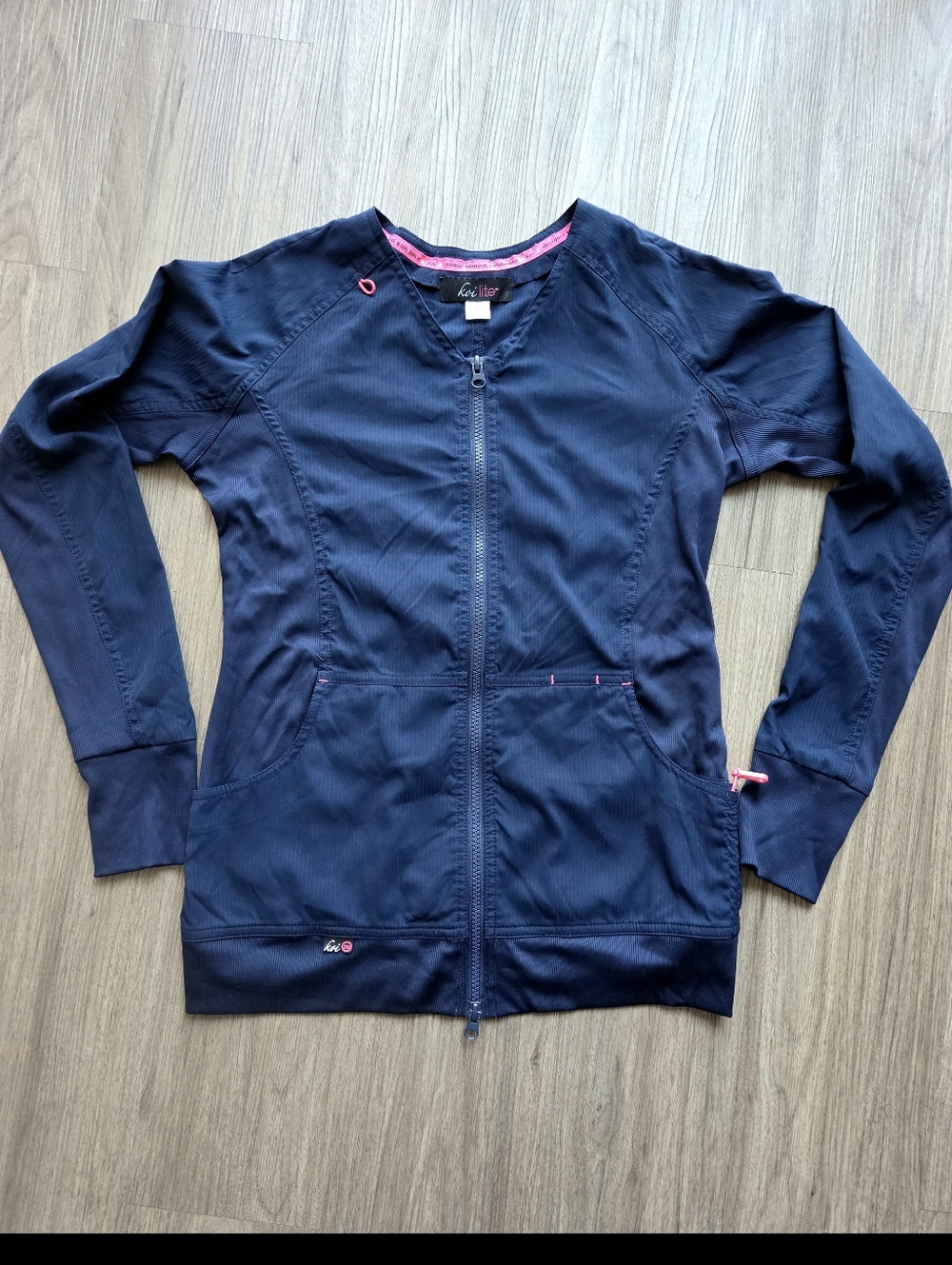 Koi Lite Clarity Ribbed Panel Women's Zip Front Scrub Jacket - Navy Blue. XS